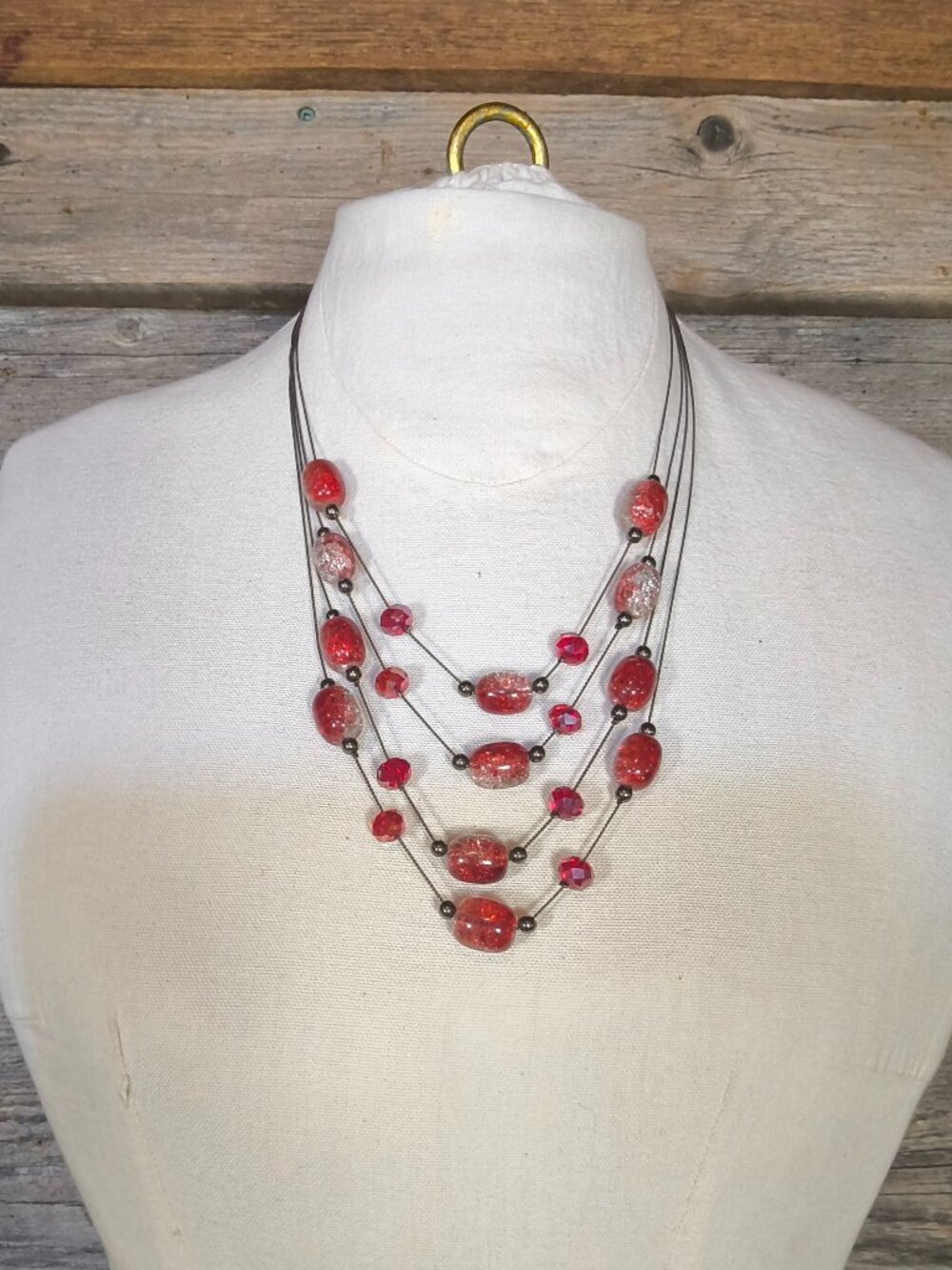 Red and Silver Crackle Glass Bead Multistrand Necklace